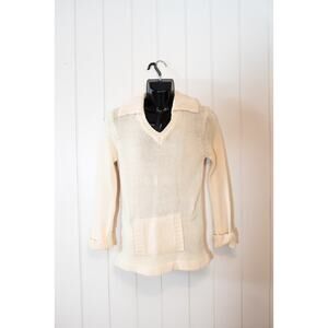 Vintage 70s Men's Cream Sweater, V Neck Knit Tunic, Pocket Hippie Boho, Small